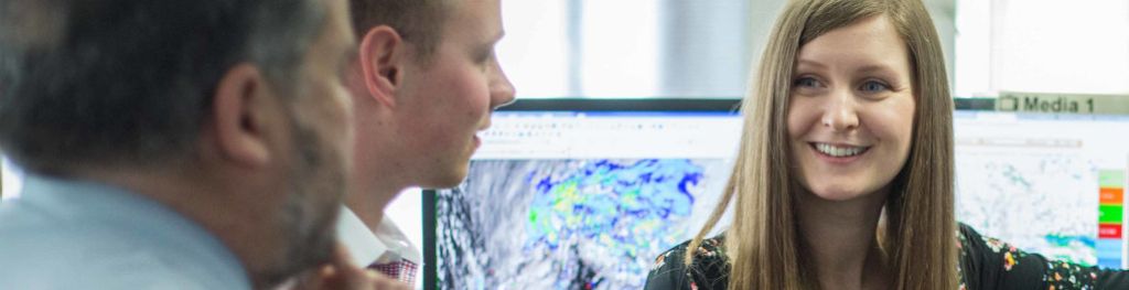 A Met Office meteorologist explains the weather during an operational briefing.