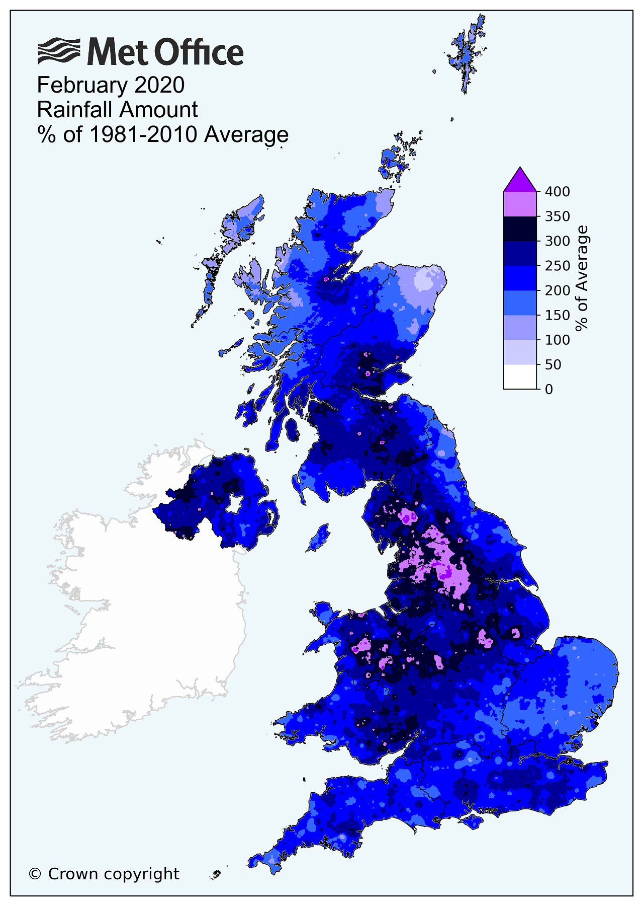 Map showing the amount of rainfall across the UK in February 2020, as a percentage of the 1981-2010 average. Almost all regions report more than 150% of the 1981-2010 average, with some locations in central and northern England reporting as much as 400% of the 1981-2010 average.