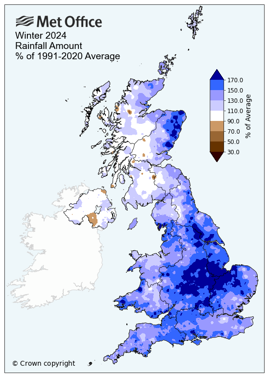 Map showing winter 24 rainfall compared to average. The map shows a wetter than average season for many.