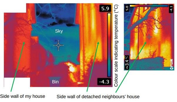 The cooler temperatures shown in the thermal imaging of Jonathan’s house on the left of the image compared to the neighbours’ house on the right, indicate the improved heat retention of the building.