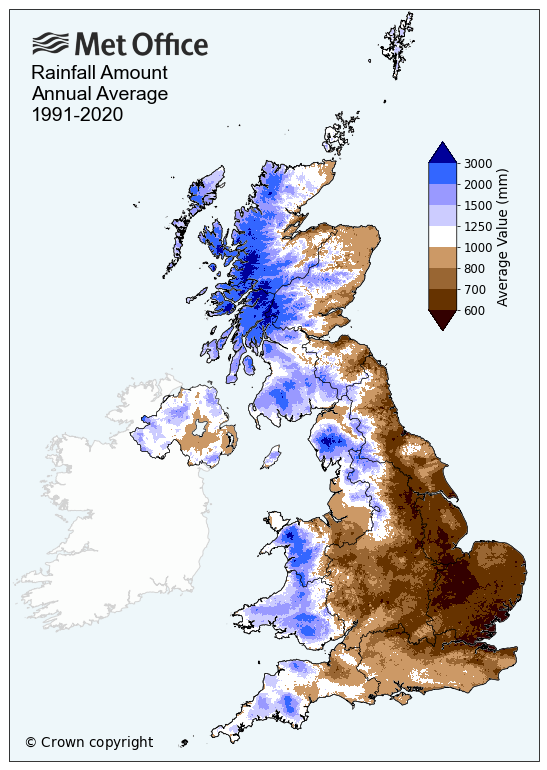 A map of the UK showing annual average rainfall amount 1991-2020