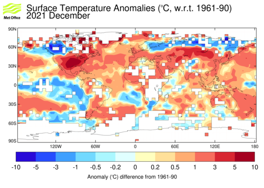 Map of combined land-surface and sea-surface temperature anomalies from HadCRUT4