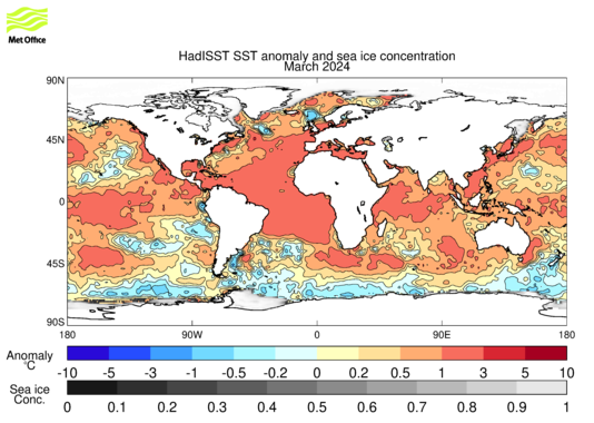 Map of sea surface temperature anomalies and sea ice concentration for the latest available month
