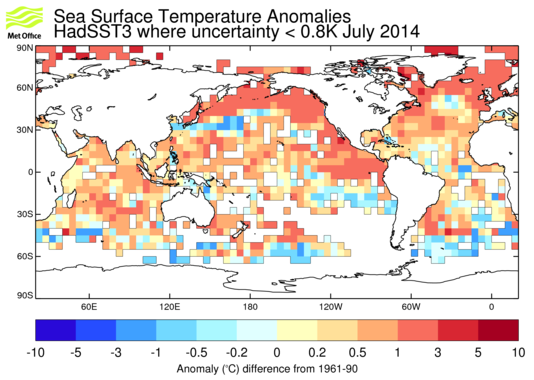 Latest monthly anomalies HadSST3 anomalies map for lastest month