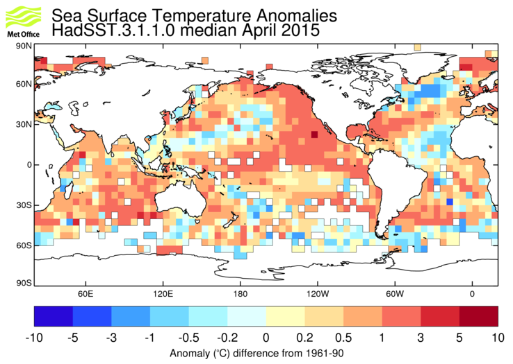 HadSST3 sea-surface temperature anomaly map for April 2015