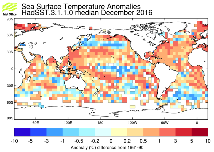 HadSST3 sea-surface temperature anomaly map for December 2016