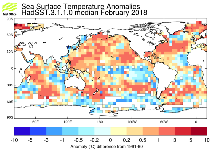 HadSST3 sea-surface temperature anomaly map for February 2018