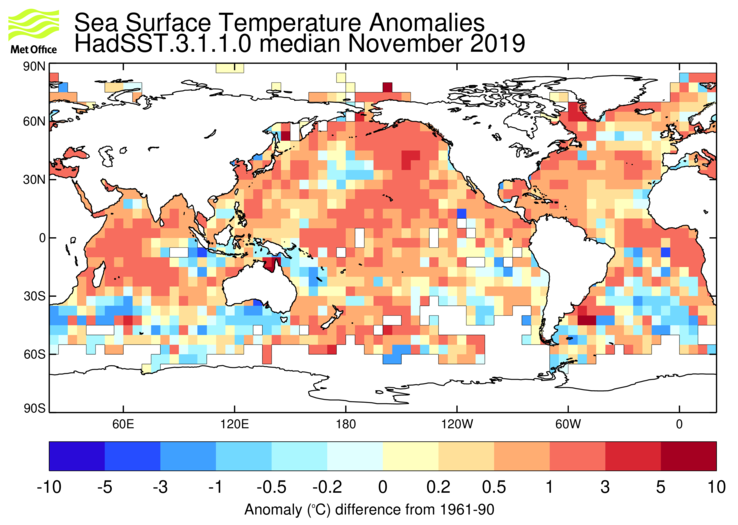 HadSST3 sea-surface temperature anomaly map for November 2019