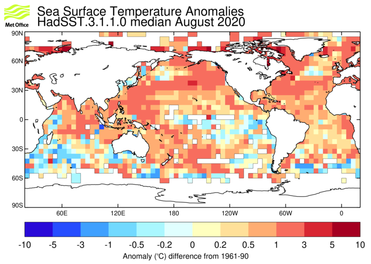 HadSST3 sea-surface temperature anomaly map for August 2020