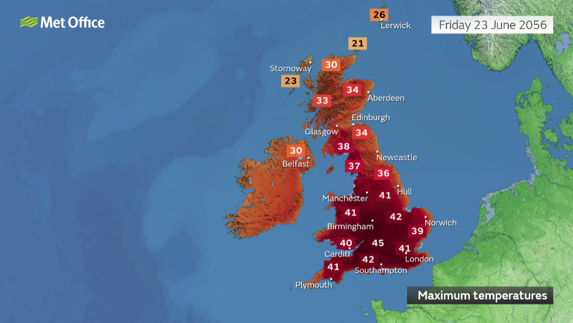 Forecast map of the UK showing the 2056 future forecast with, displaying the temperatures outlined below.