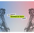 Illustrated banner reading ‘Celebrate Women in Tech Week’ on a blue-to-pink gradient background.