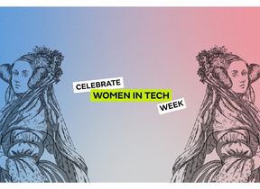 Illustrated banner reading ‘Celebrate Women in Tech Week’ on a blue-to-pink gradient background.