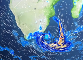 Map of rainfall and winds across South Africa