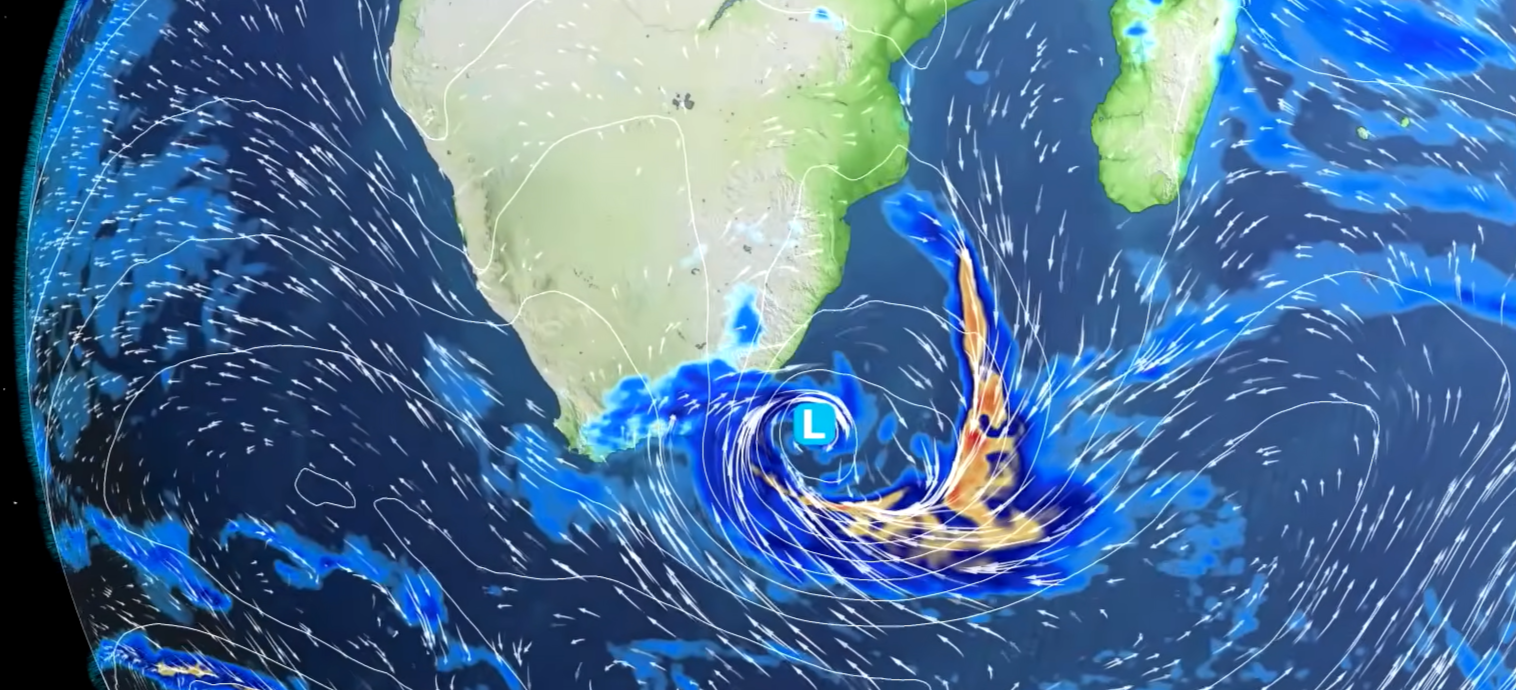 Map of rainfall and winds across South Africa
