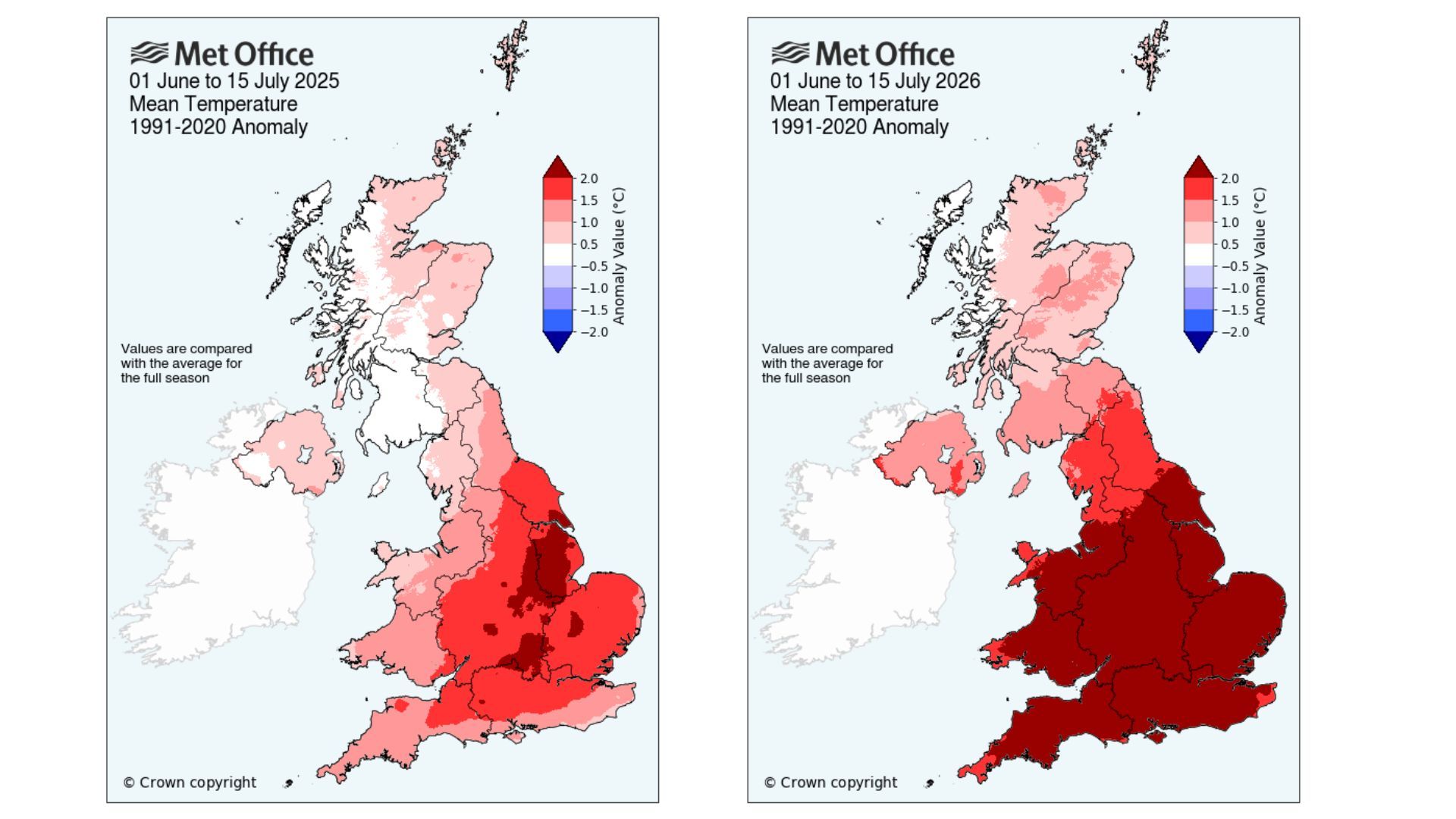 2025 mean temperature map compared to 2026