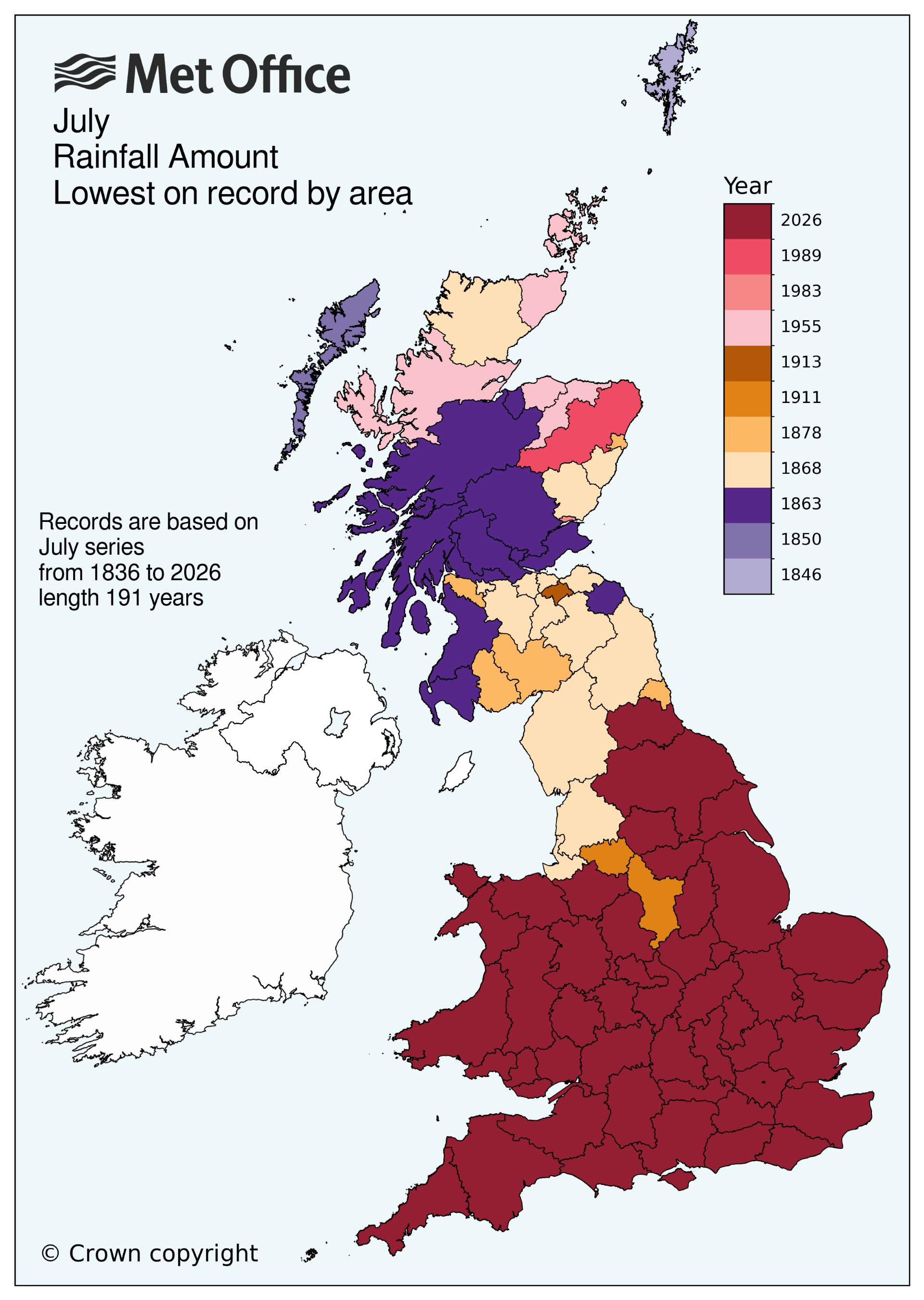 This map shows&nbsp;the driest Julys on record for each county.&nbsp;&nbsp;