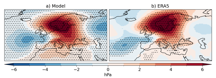 Pressure patterns during the warmest days in the UK. Red colours show higher than average pressure over northern Europe.