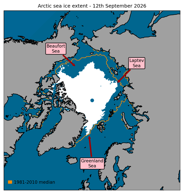 Figure 2. Arctic sea ice extent on 12th September 2026, with 1981-2010 average extent indicated in orange, and the regions referred to in the text labelled. Data are from EUMETSAT OSI SAF (Baordo et al., 2023).