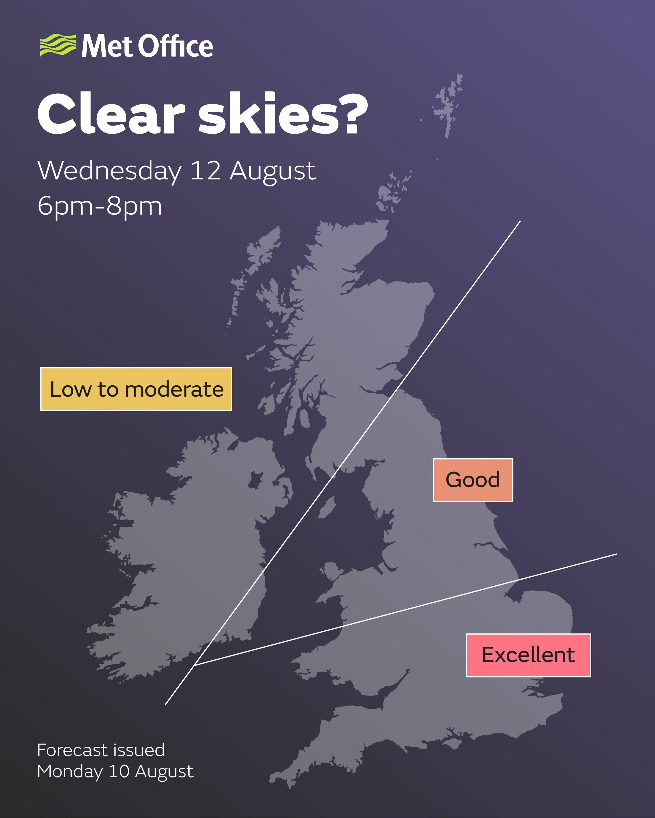 Map showing where clear skies will be on Wednesday 12 August. Low to moderate visibility in Scotland and Northern Ireland, good visibility in northern England and Wales and excellent visibility in southern England and Wales. 