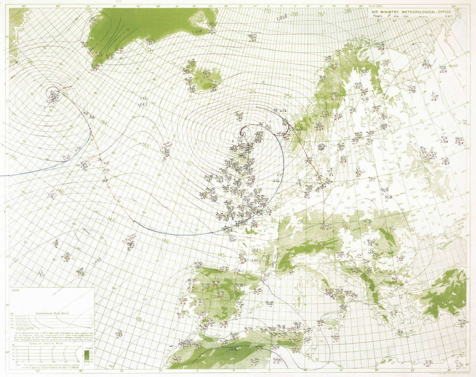 Historic D-Day Met Office weather chart showing pressure systems and observations across the UK, Atlantic and Europe in June 1944.