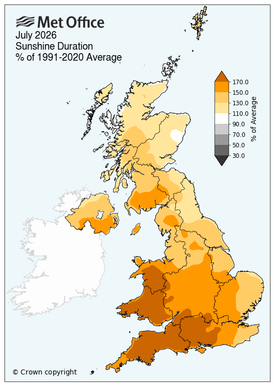 Map showing sunshine hours for July 2026