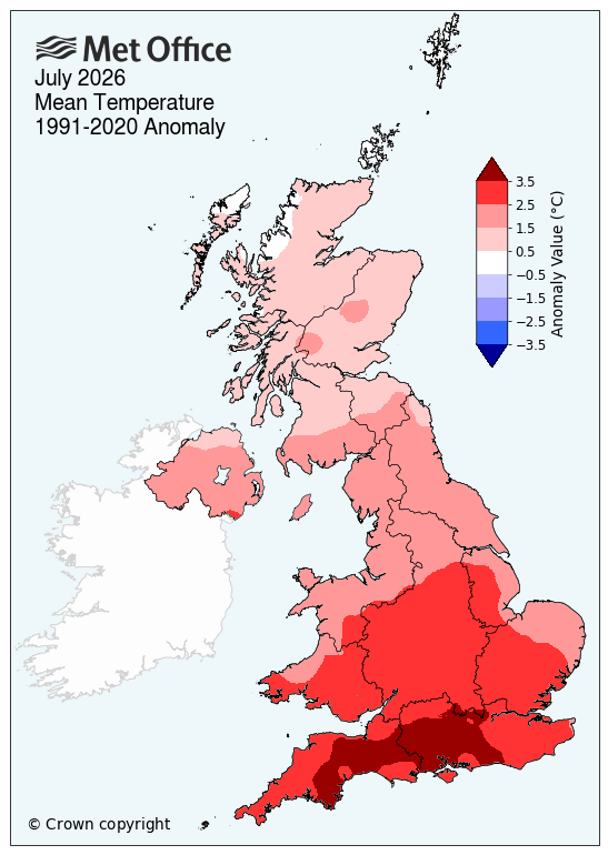 Map showing July mean temperature of UK
