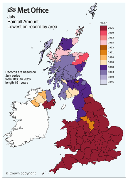 This map shows&nbsp;the driest Julys on record for each county.&nbsp;&nbsp;