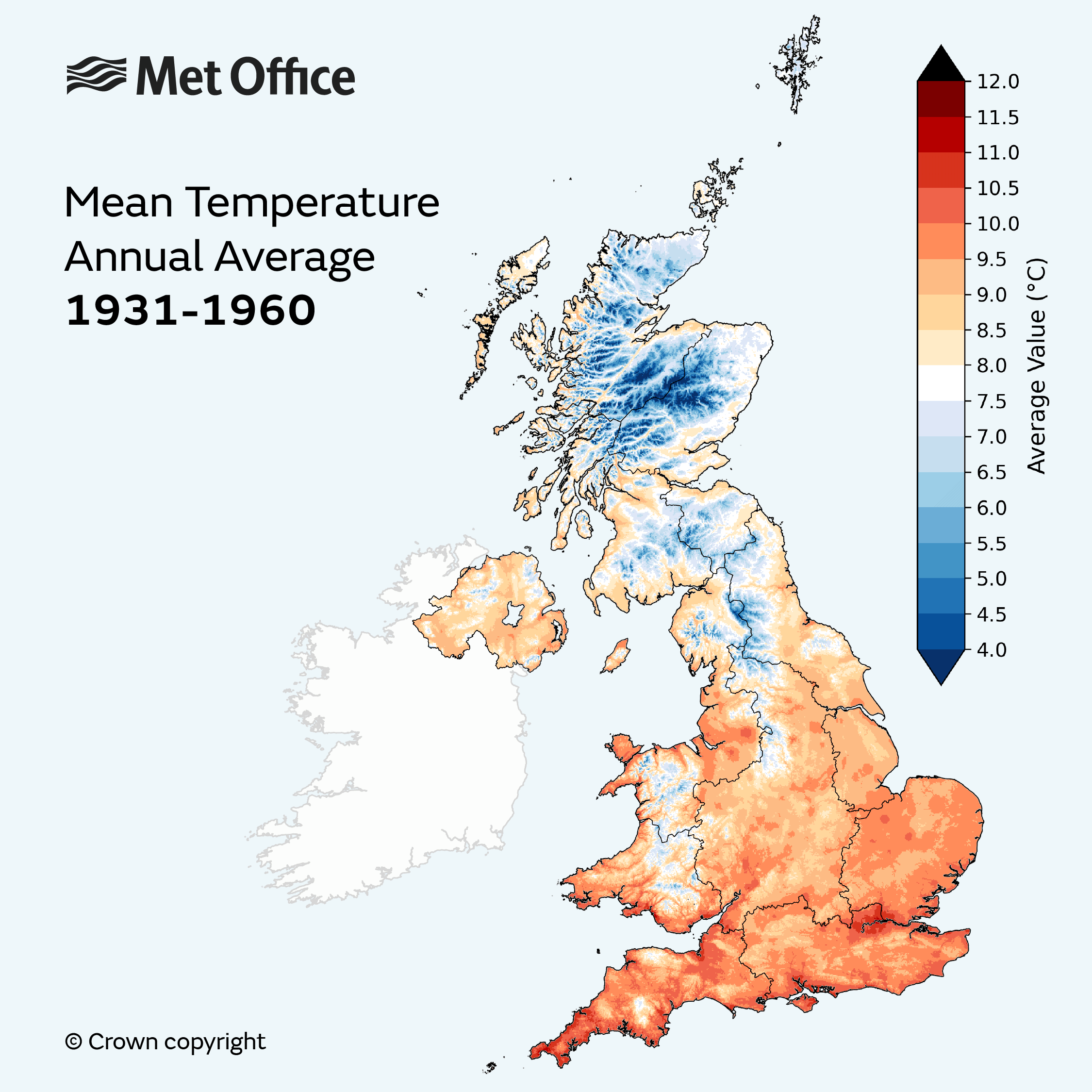 Animation showing how mean temperature across the UK has changed over time