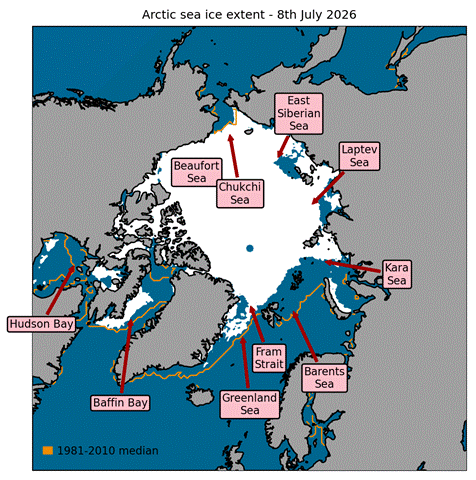 Figure 2. Arctic sea ice extent on 8th July 2026, with 1981-2010 average extent indicated in orange, and the regions referred to in the text labelled. Data are from EUMETSAT OSI SAF (Tonboe et al., 2017).