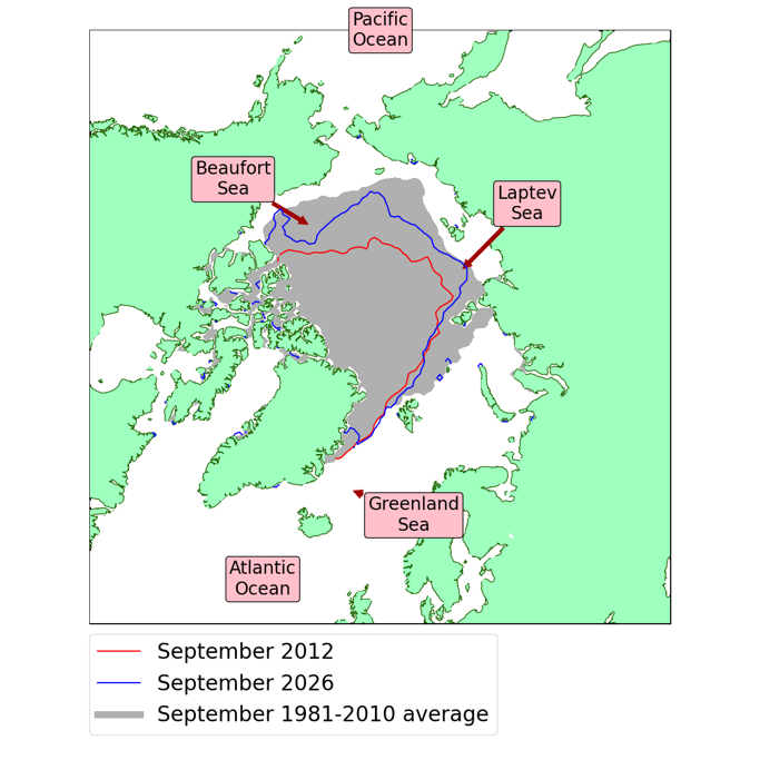 Figure 2. Average Arctic sea ice extent for September 2026, compared to the record low of September 2012 and the 1981-2010 September average, with regions referred to in the text labelled. Data are from EUMETSAT OSI SAF (Baordo et al., 2023).