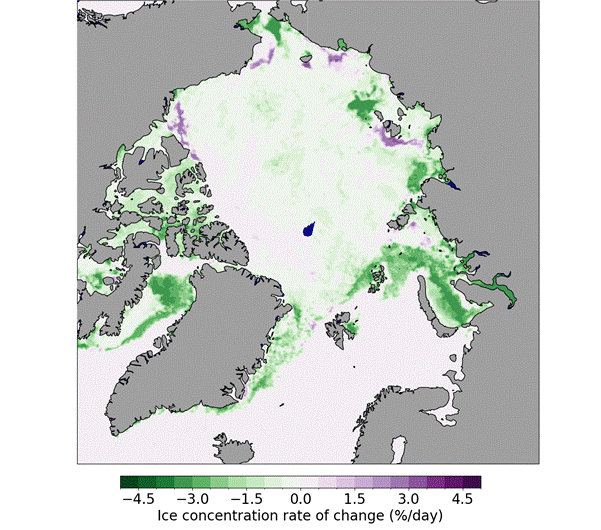 Figure 4. Map of average rate of change of ice concentration during June 2026. Green areas indicate a decrease in ice cover, purple areas an increase in ice cover.