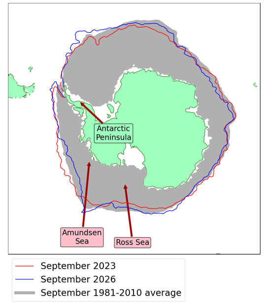 Figure 8. Antarctic sea ice extent for September 2026, compared to the record low of September 2023 and the 1981-2010 September average, with regions referred to in the text labelled. Data are from EUMETSAT OSI SAF (Baordo et al., 2023).