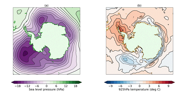 Figure 9. June 2026 anomaly relative to the 1981-2010 average in (a) sea level pressure (b) 925hPa temperature. Sea level pressure and temperature data are from the ERA5 reanalysis (Hersbach et al., 2017).