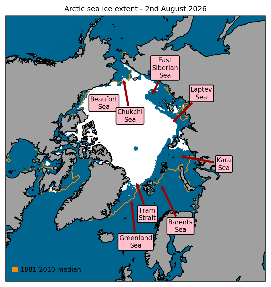 Figure 2. Arctic sea ice extent on 2nd August 2026, with 1981-2010 average extent indicated in orange, and the regions referred to in the text labelled. Data are from EUMETSAT OSI SAF (Tonboe et al., 2017).