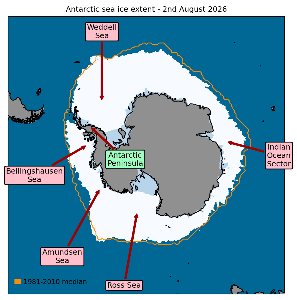 Figure 7. Antarctic sea ice extent on 2nd August 2026, with 1981-2010 average extent indicated in orange, and the regions referred to in the text labelled. Data are from EUMETSAT OSI SAF (Tonboe et al., 2017).