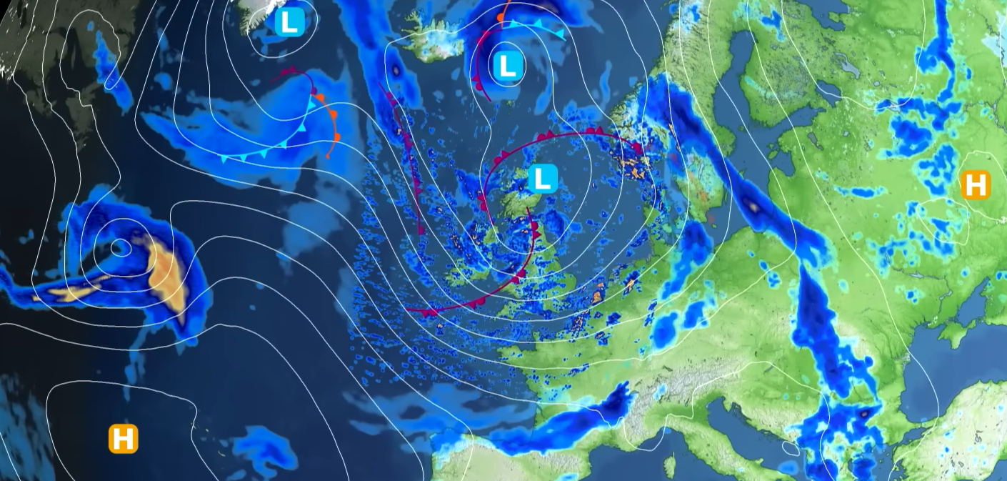 A weather forecast graphic showing low pressure over the UK.