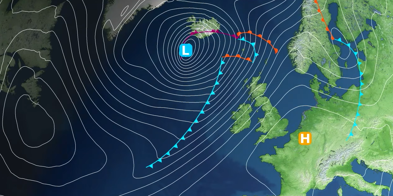 A weather chart showing ow pressure south of Iceland