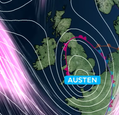 A Met Office weather graphic showing Storm Austen