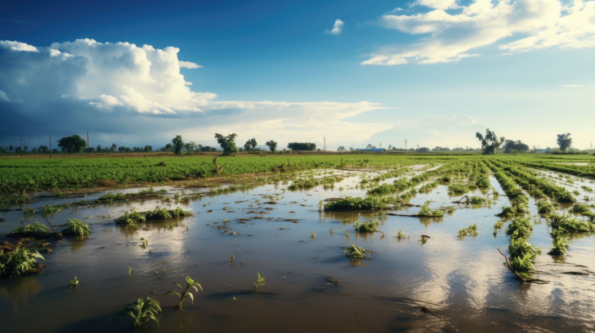 Flooded agricultural fields with rainclouds in the sky.