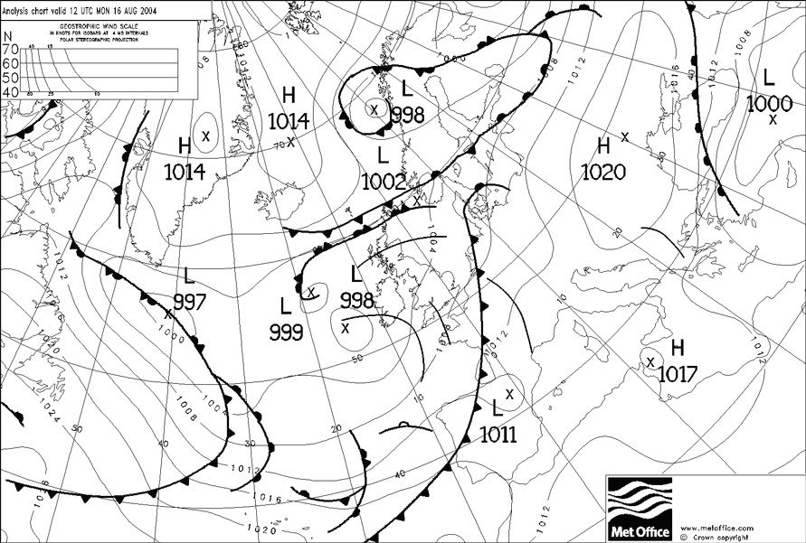 Weather chart for the UK on 16 August 2004 showing low pressure across the UK.