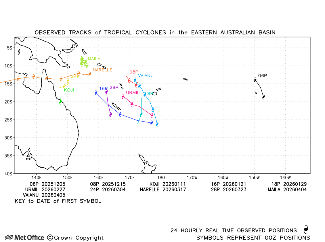 Eastern Australian tropical cyclone tracks 2025-26