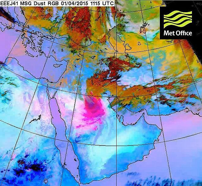 This satellite image shows a dust storm over Saudi Arabia. The vivid pink colours you can see on the image show the dust storm.