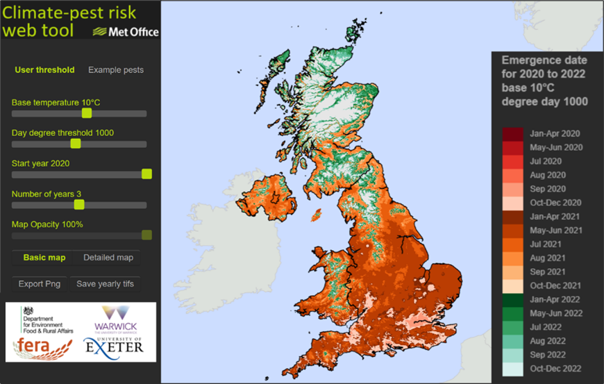 Screenshot of the climate-pest risk web tool