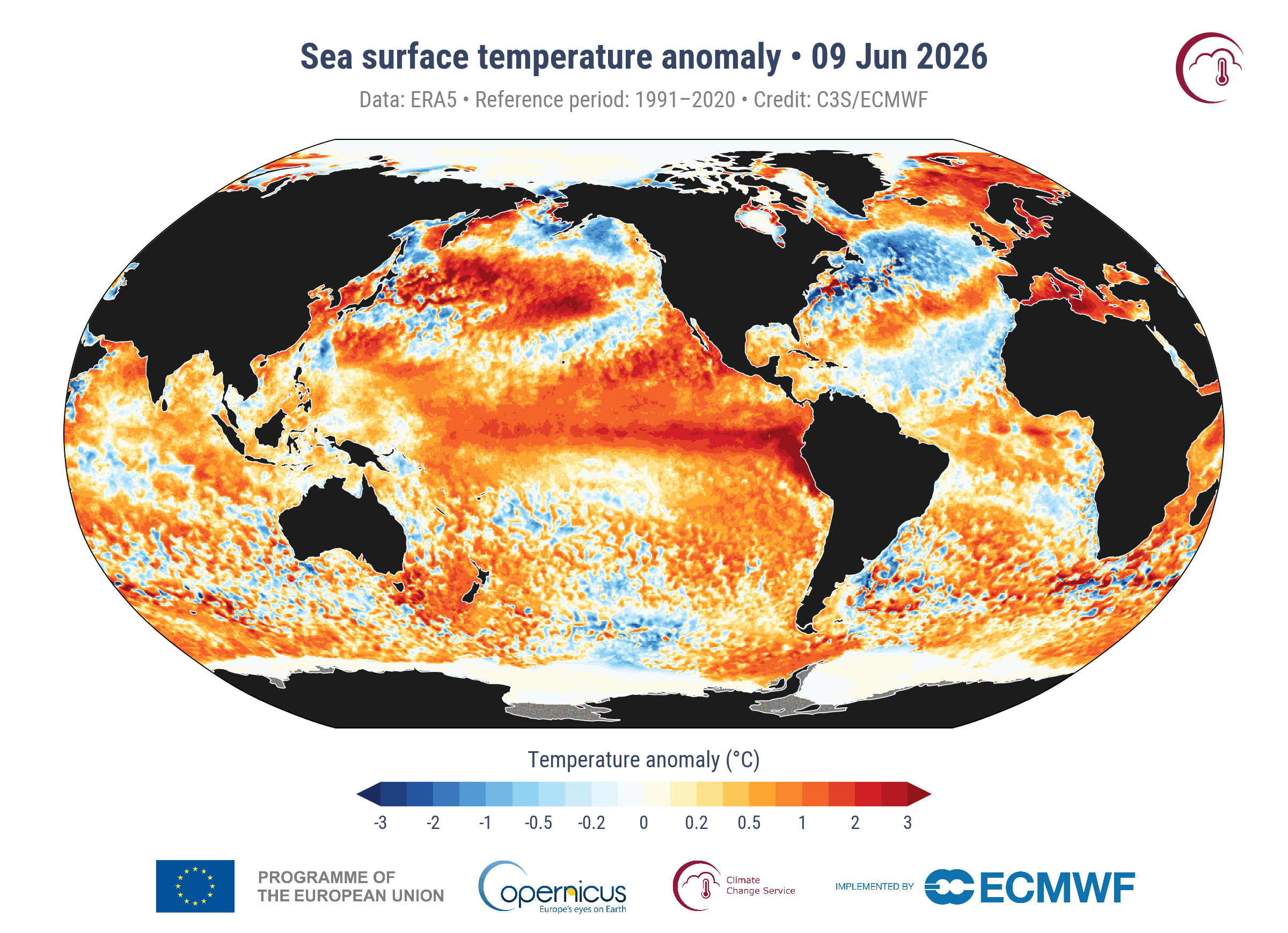 Global map showing sea surface temperature anomaly.