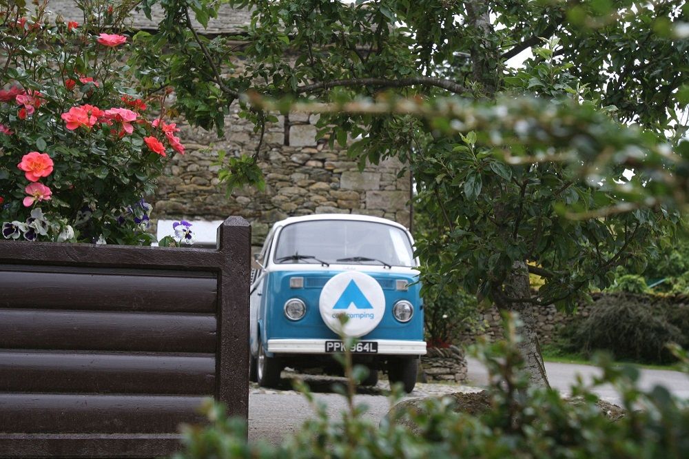 A VW campervan seen through some trees