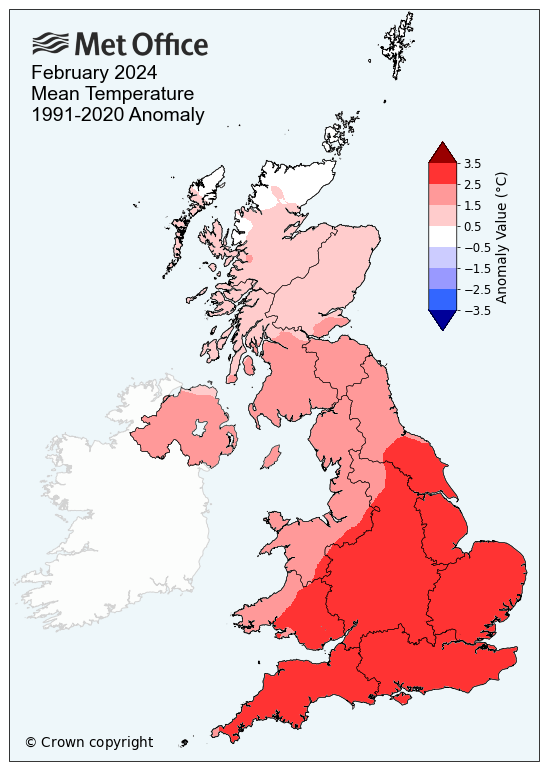 Map of the UK showing February mean temperature for the UK. The darkest reds are in England and Wales indicating the temperatures much higher than average. Just the tip of Northern Scotland is white, meaning average temperature.