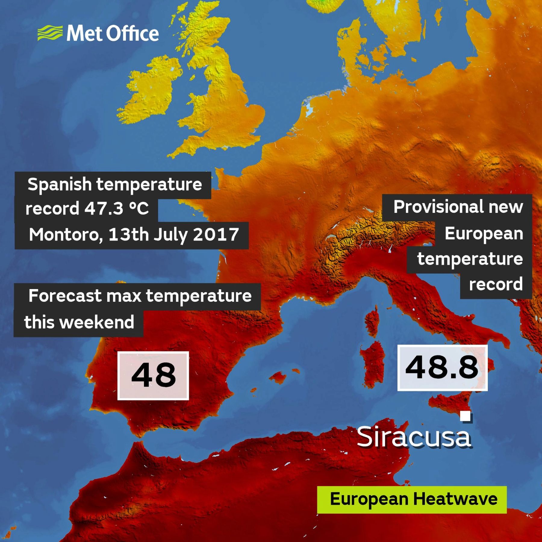 Map of Europe showing possible record breaking temperatures.
