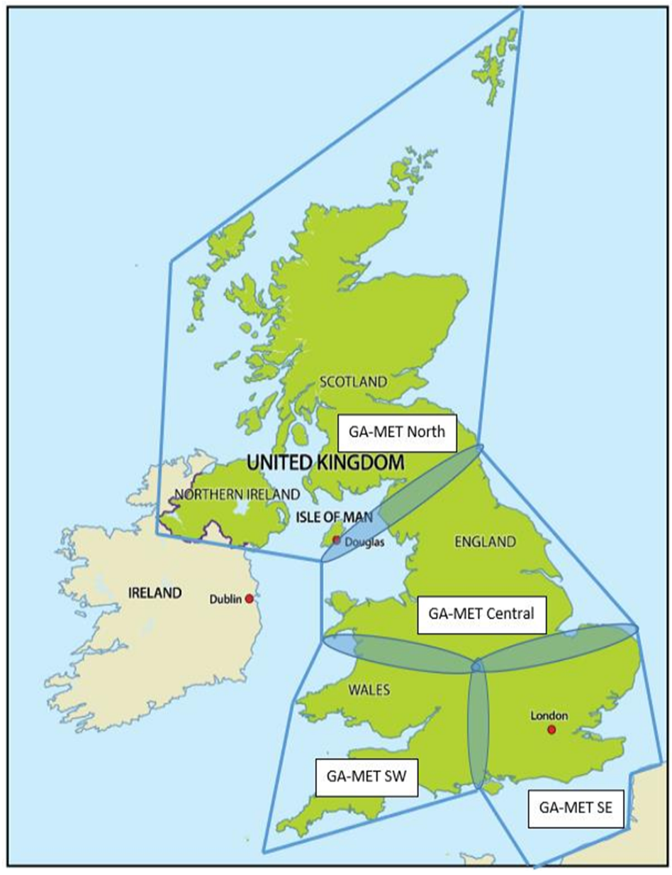 Map of the UK with GAMET area coverage