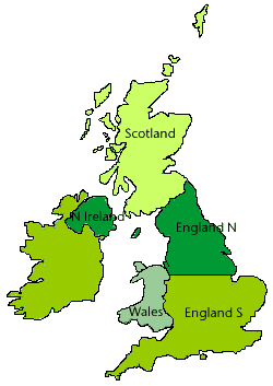 Map of the regions used by Met Office for climatologies: England South; England North; Wales; Scotland; and Northern Ireland.