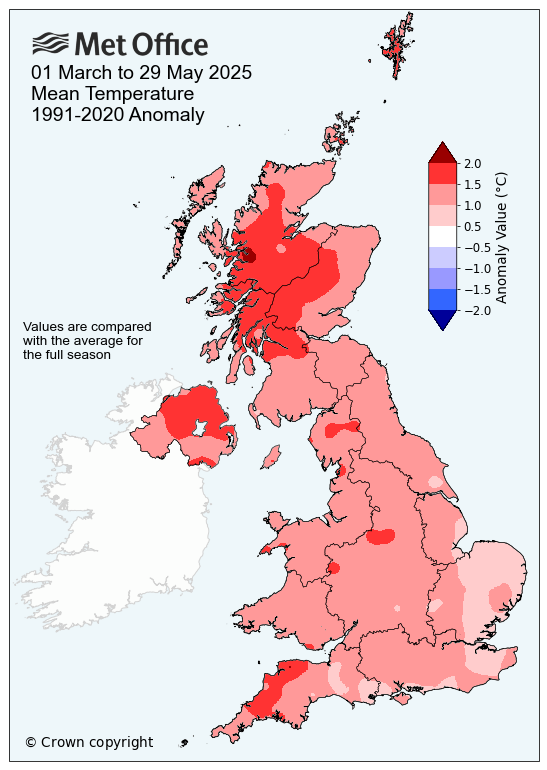 Spring 2025 mean temperature map
